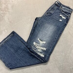 Kancan Jeans Womens 11 Distressed Wide Straight Leg Button Fly Medium Wash Denim